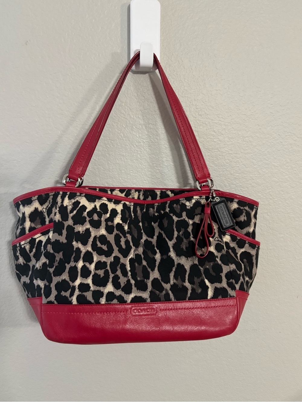 Coach Ocelot Print Carrie Tote Bag with Red Leather Trim
